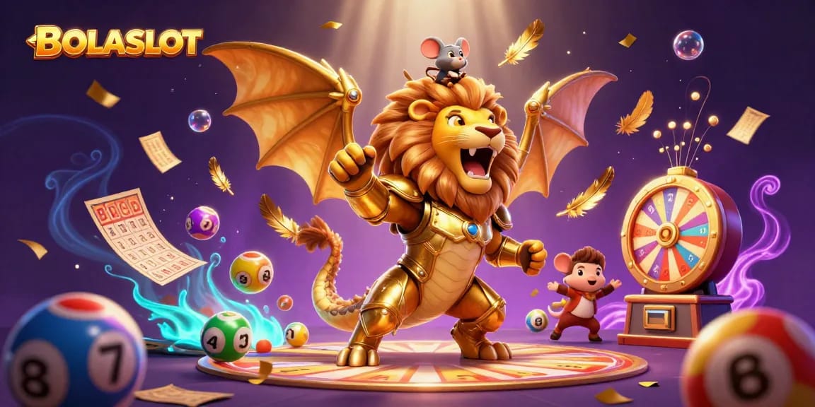 BOLASLOT features a triumphant chimera in golden armor surrounded by vibrant casino game elements.