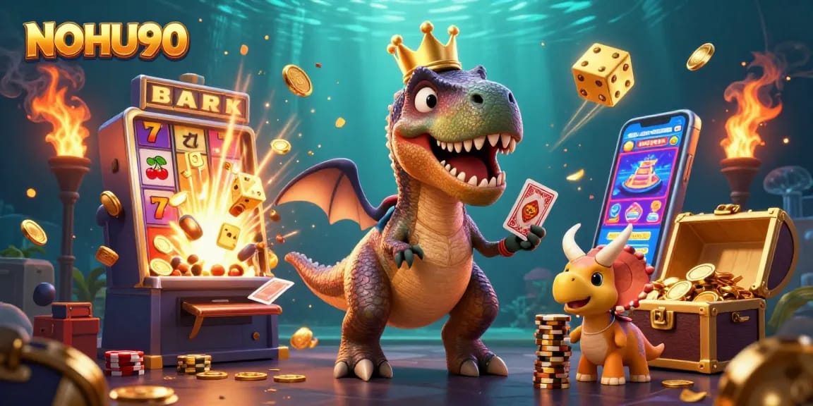 Join the fun at NOHU90 with a vibrant casino scene featuring a T-Rex, a pterodactyl, and a triceratops.