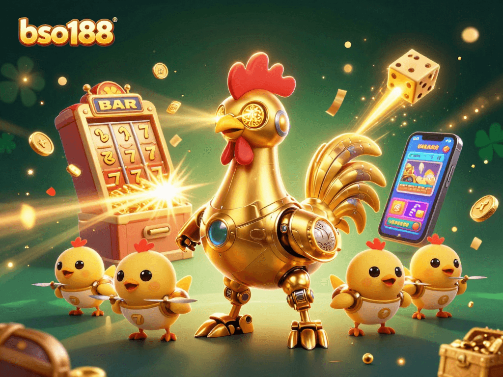 Bso188 unleashes a dazzling jackpot experience with a golden rooster robot and baby chick drones.