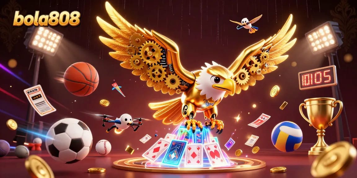 Bet on exciting sports events with bola808, featuring a thrilling illustration of gambling elements.