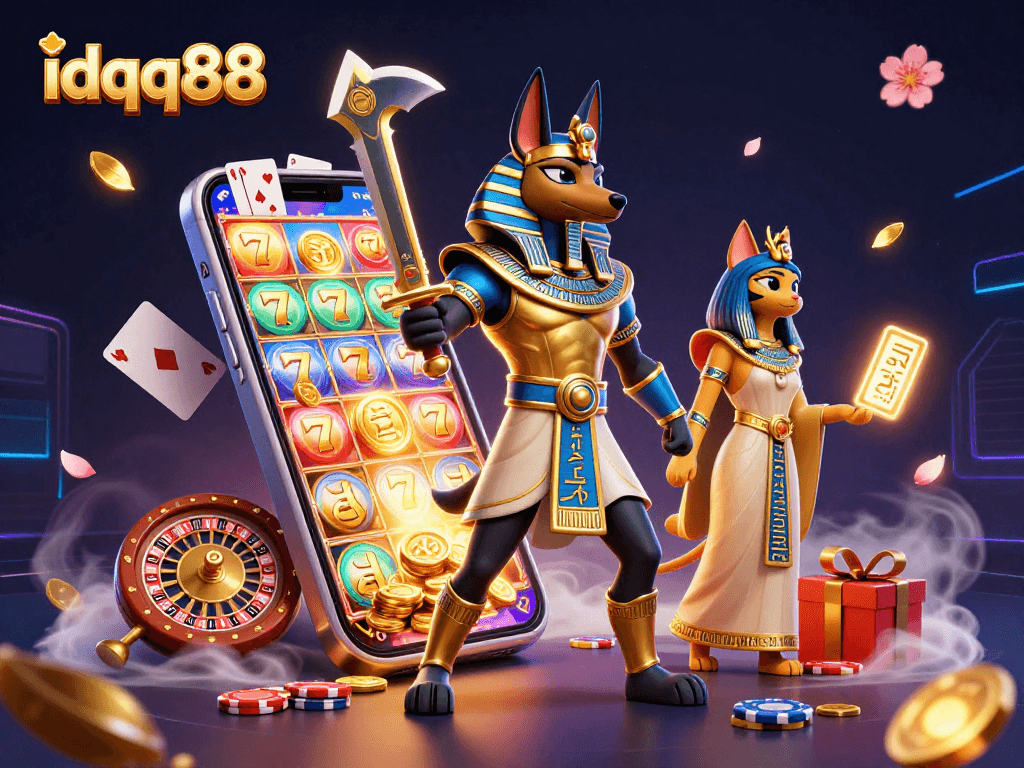 Experience thrilling jackpots with idqq88 in this vibrant ancient Egyptian themed slot game scene.