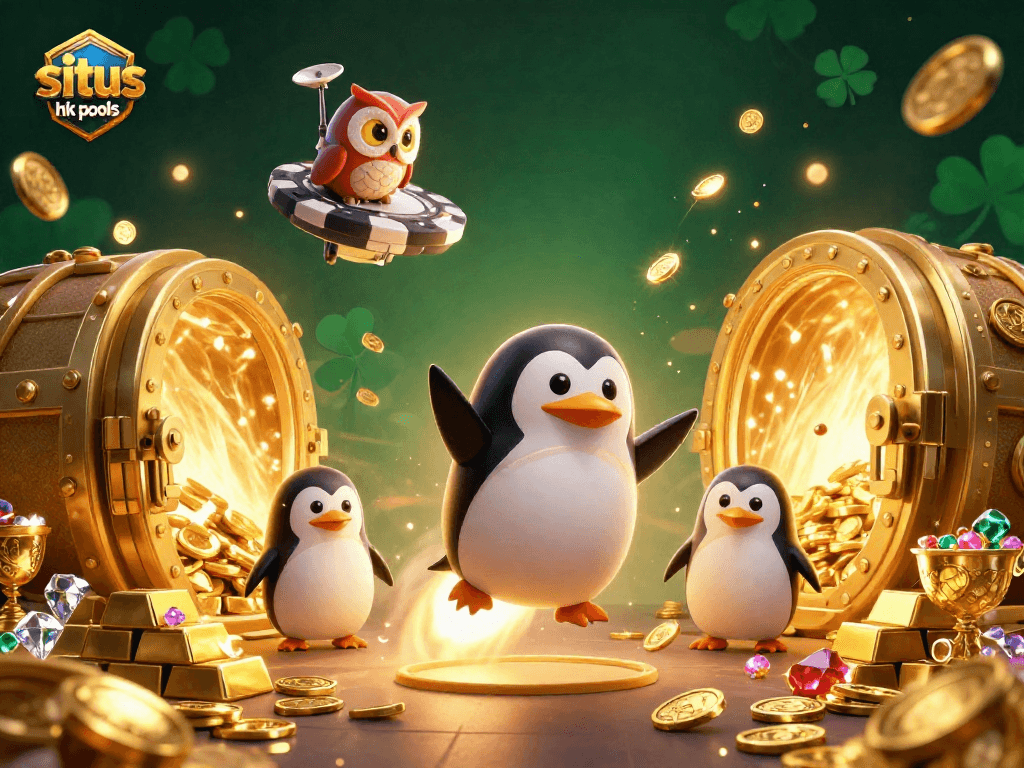 Menggiring situs hk pools dengan karakter emas, koin dan harta berkilau pada ilustrasi kasino yang memukau.