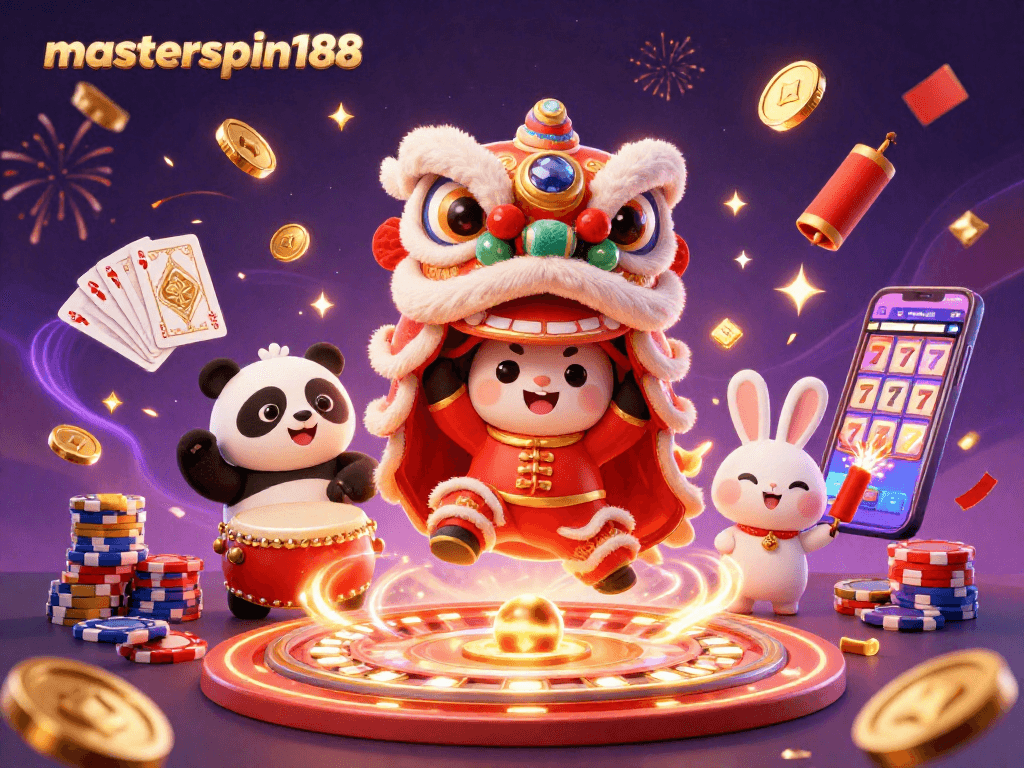 Experience thrilling gameplay with masterspin188's vibrant casino illustration featuring festive elements and dynamic game symbols.