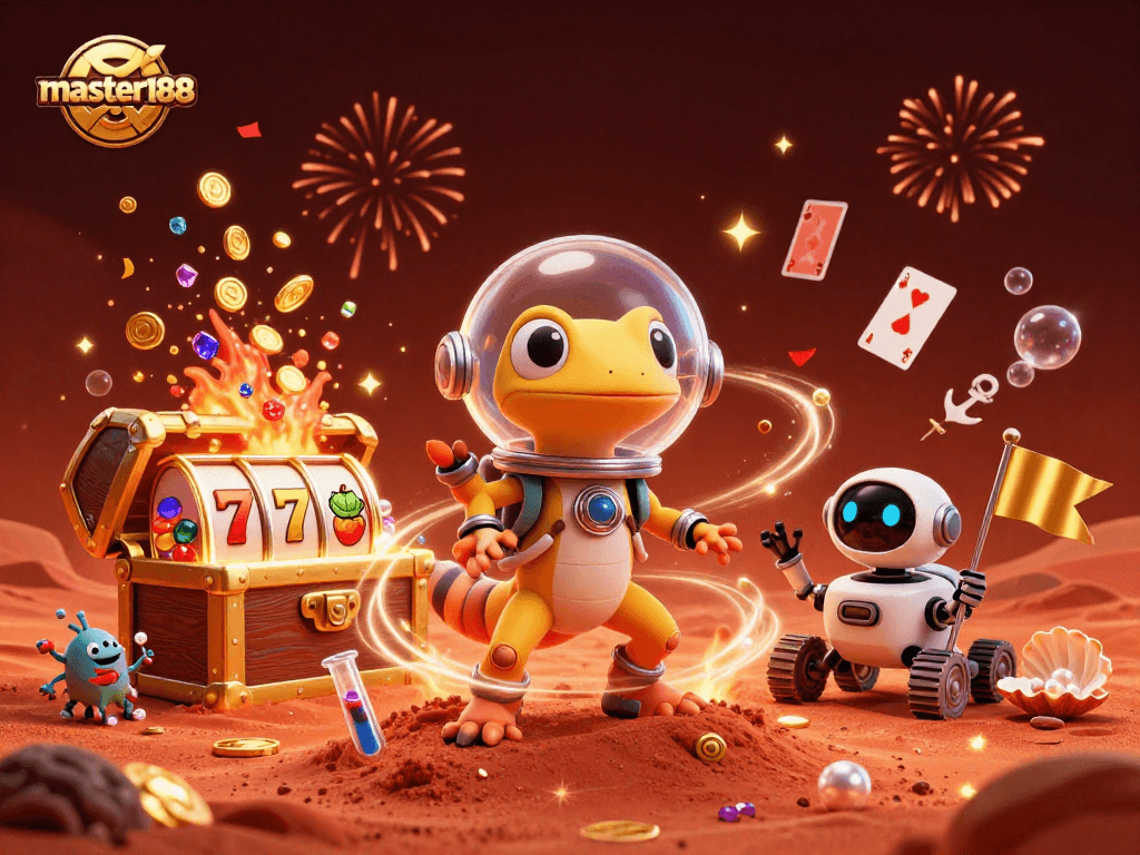 Witness the Martian gecko celebrate at master188's buried casino, filled with games and treasures.