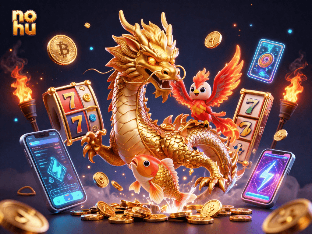 Spin the slots and win with no hu featuring a golden dragon, phoenix, and koi fish in a vibrant casino scene.